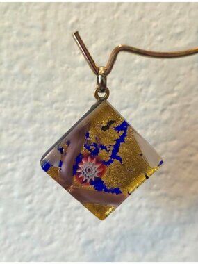 Murano Italian Glass Millefiori Pendant Gold Leaf & Floral Abstract Design